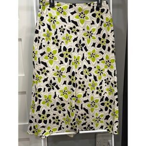 Cato Linen Blend Floral Midi Skirt Lime Green Black 10 A-Line Whimsigoth Artsy